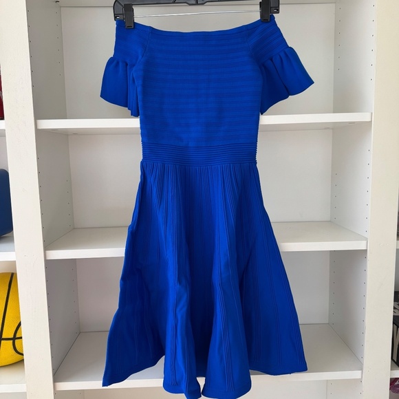 TED BAKER Bardot Frill Knitted Off-the-Shoulder Skater Dress Criptum Blue - Picture 4 of 9
